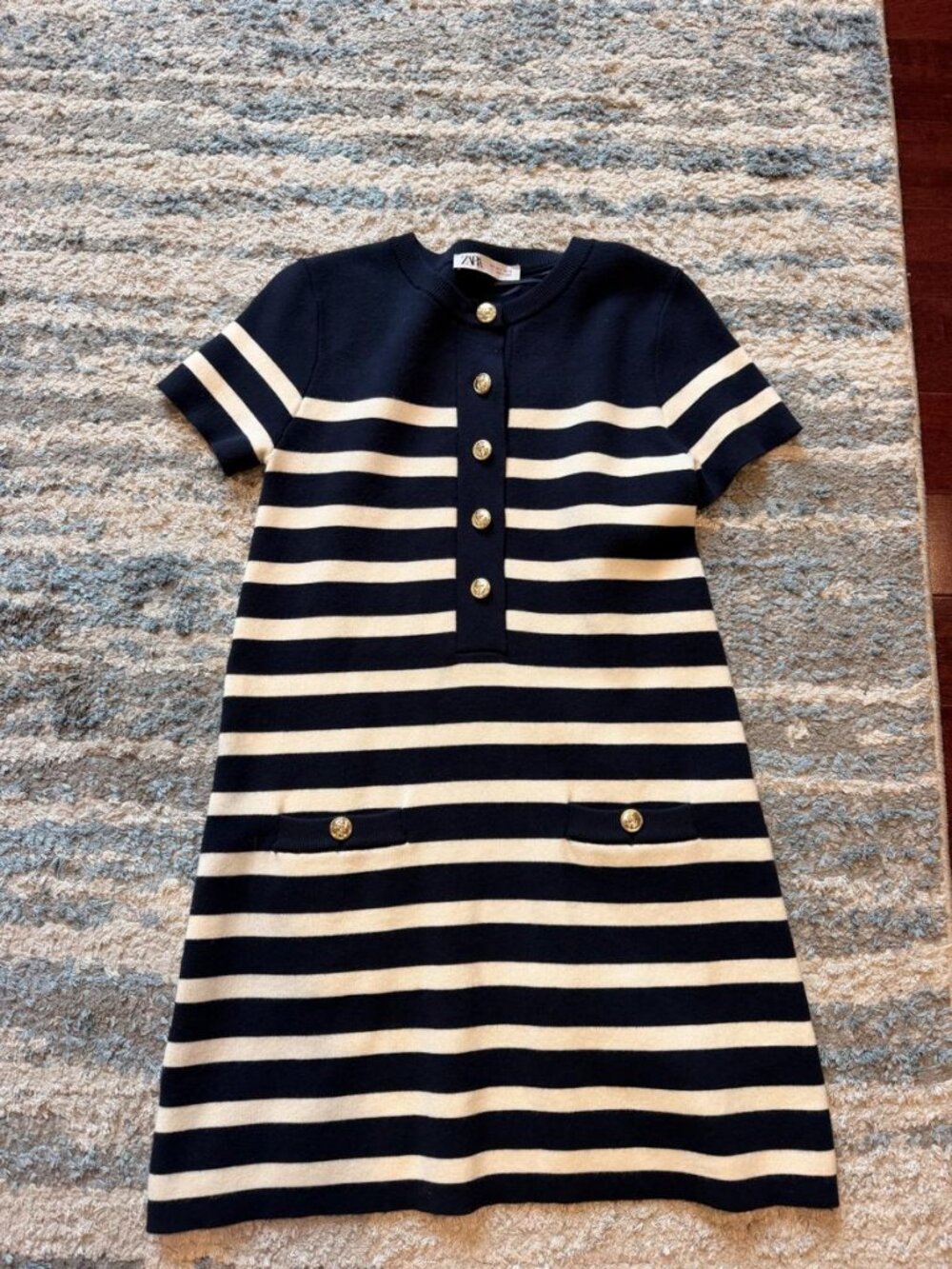 Zara Navy Cream Striped Knit Mini Dress Gold Anchor Buttons S NWOT